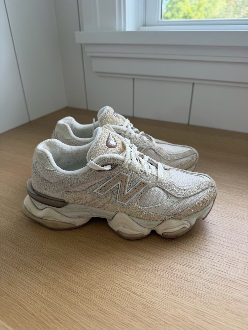 New Balance Women's 9060 Cream/Tan Suede & Mesh Athletic Sneakers